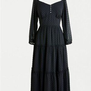 NWT women's black J. Crew Tiered long-sleeve midi dress in swiss dot size 10